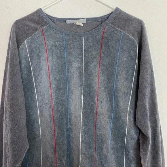 Vintage 80s Velour Pullover Sweatshirt Mens Medium Grandpa Unisex Gray Velvet - Picture 3 of 10